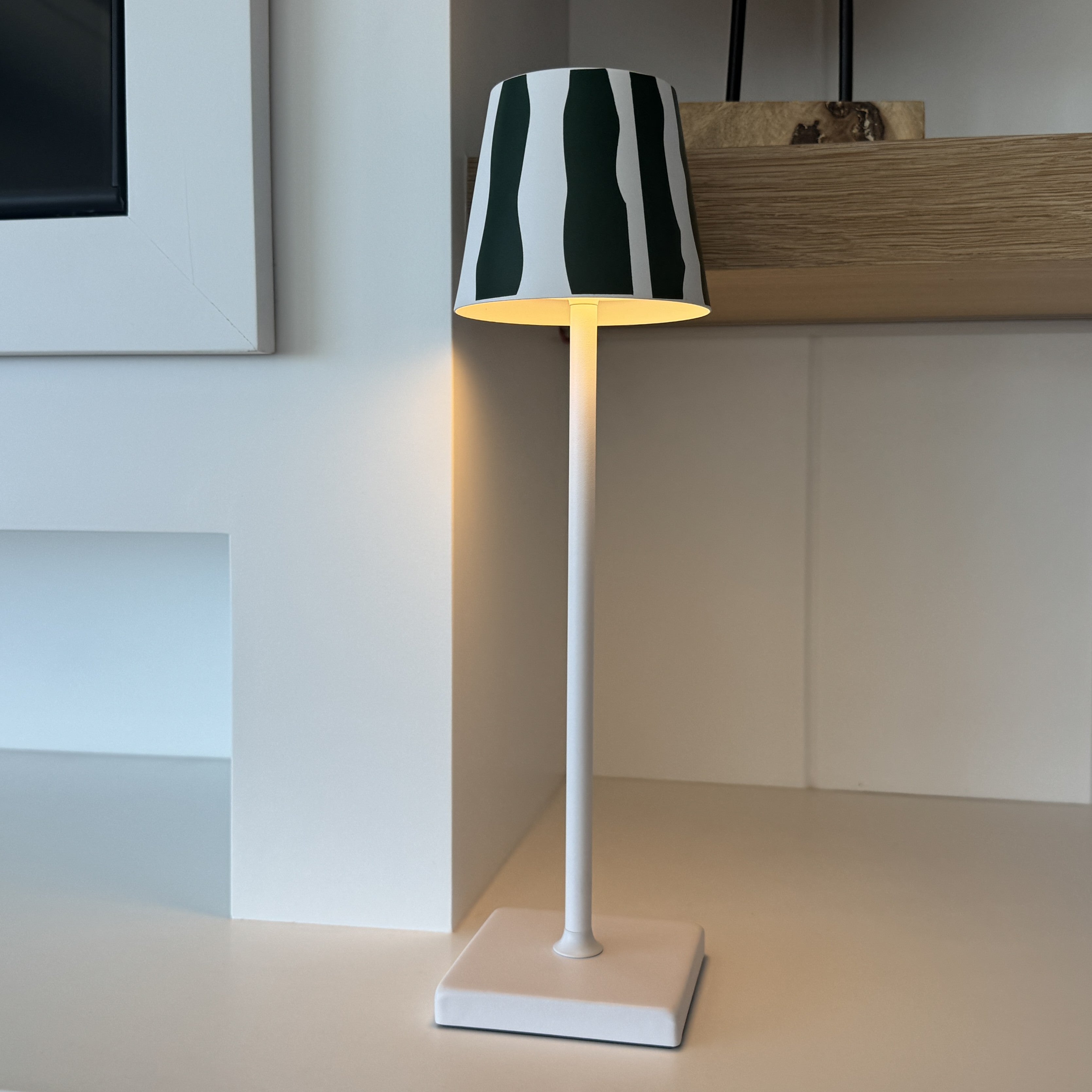 Modern LED Table Lamp with Patterned Shade – Slim White Base